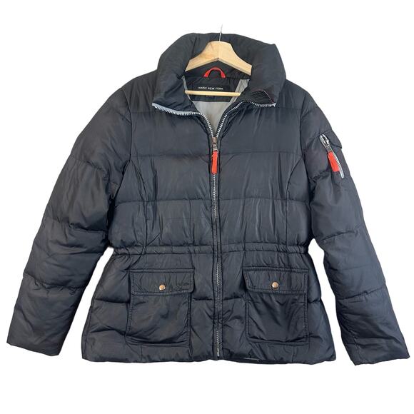 Marc New York Black Puffer Jacket Coat Down Filled M Medium Cinched Waist - Picture 1 of 13